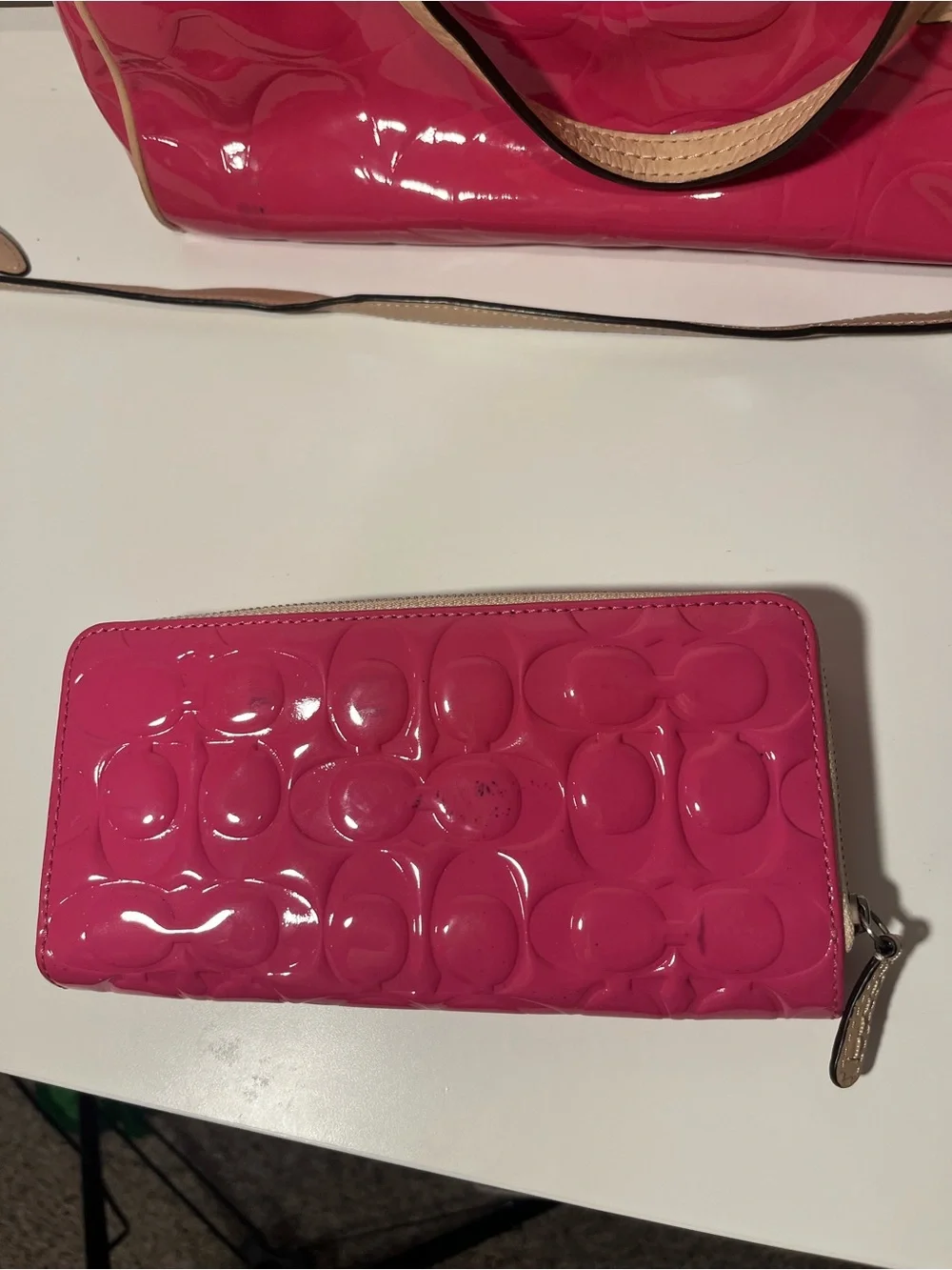 Coach Signature hot pink glossy leather purse and matching wallet SET
